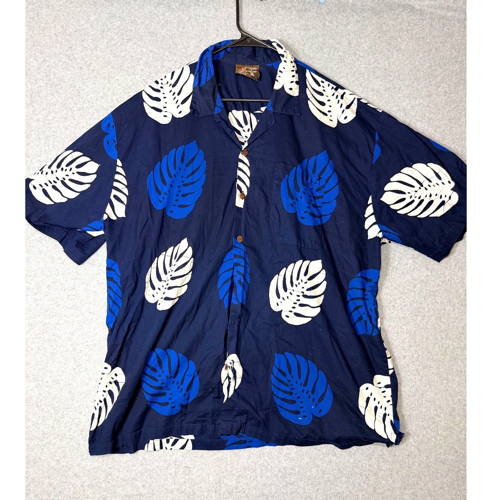 Caribelle Batik Shirt Men XL Navy Monstera Leaf West Indies Cotton Button Up